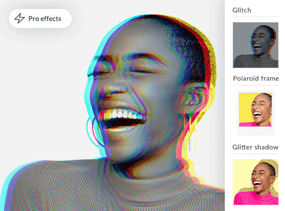Smiling woman in purple turtleneck gif rotating out various trendy photo effects like glitch, glitter shadow, and polaroid frame. 