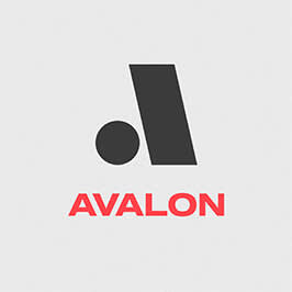 Diseño de logotipo geométrico. Letra "A" hecha de formas negras. Texto rojo, "AVALON", debajo con fondo gris.