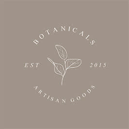 Plantilla de diseño de logotipo de PicMonkey con fondo verde grisáceo apagado, gráfico floral y el texto "BOTANICALS ARTISAN GOODS EST. 2015".