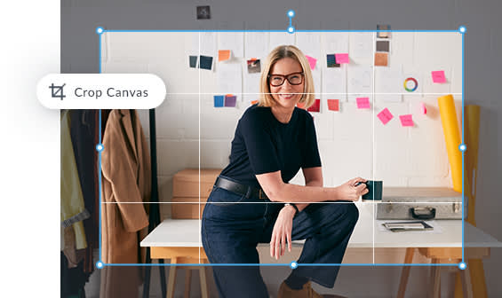 Online photo editor tools for adjusting size, exposure, background, colors, and touch up. Blonde woman with black glasses smiling and holding coffee mug with colorful post-its in background on white wall.