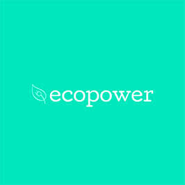 Diseño de logotipo con fondo verde menta. Gráfico de hojas y texto en blanco "ecopower" en el centro.