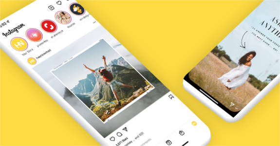Dos teléfonos móviles con Instagram abierto, con un diseño de plantilla de publicación de Instagram y un diseño de plantilla de historia de Instagram, ambos elegidos de la colección de plantillas de Instagram de PicMonkey.