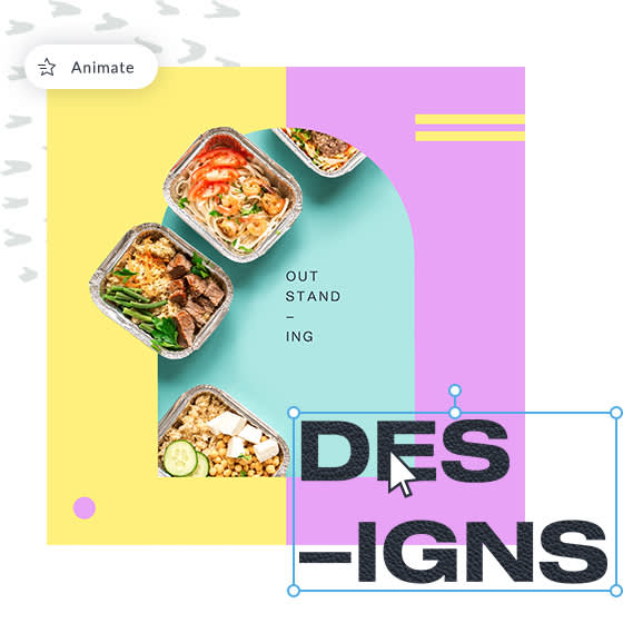 Text layer, "Des-igns" being added to colorful restaurant ad design being made in PicMonkey. Animate layer feature highlighted. 