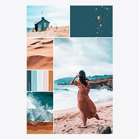 Summer beach Collage example. Collaged beach photos of woman in long, tan dress, blue house on beach, sand, waves crashing.