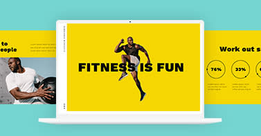 Una plantilla de presentación con temática de fitness con fondo amarillo, abierta en una computadora portátil.