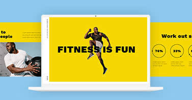 Diseño de presentación "Fitness is Fun" abierto en una computadora portátil. Esquema de color amarillo dominante. Portátil abierto contra el fondo azul bebé.