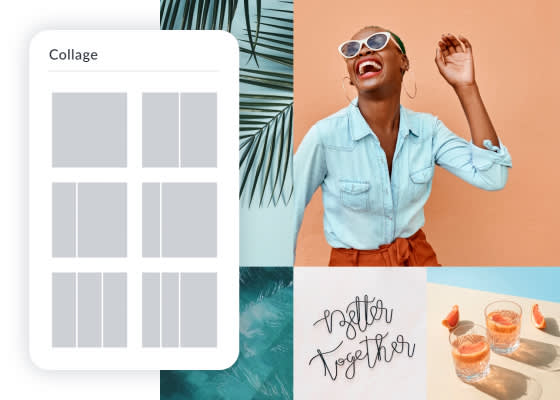 PicMonkey collage template option in PicMonkey with collage example: woman smiling in white sunglasses and bright attire, "Better together" sign in script lettering, tropical drinks, leafy graphics.