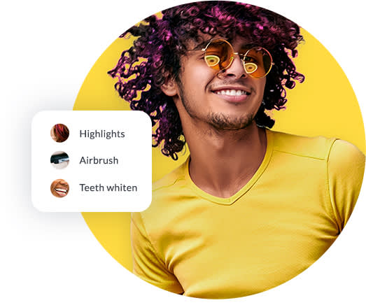 Man with pink and brown curly hair, yellow sunglasses, yellow background and photo touchup tool options in PicMonkey.