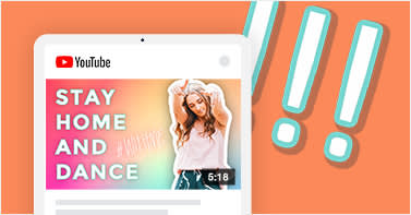 Fondo naranja a la moda con una computadora portátil y YouTube abierto, que muestra una plantilla de YouTube con los colores del arcoíris y el texto "QUÉDATE EN CASA Y BAILA".