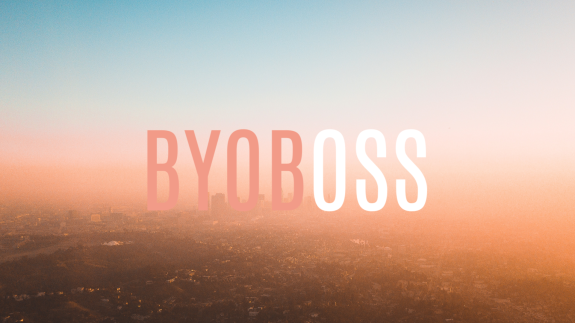Sunset over Los Angeles with promo text "BYOBOSS".